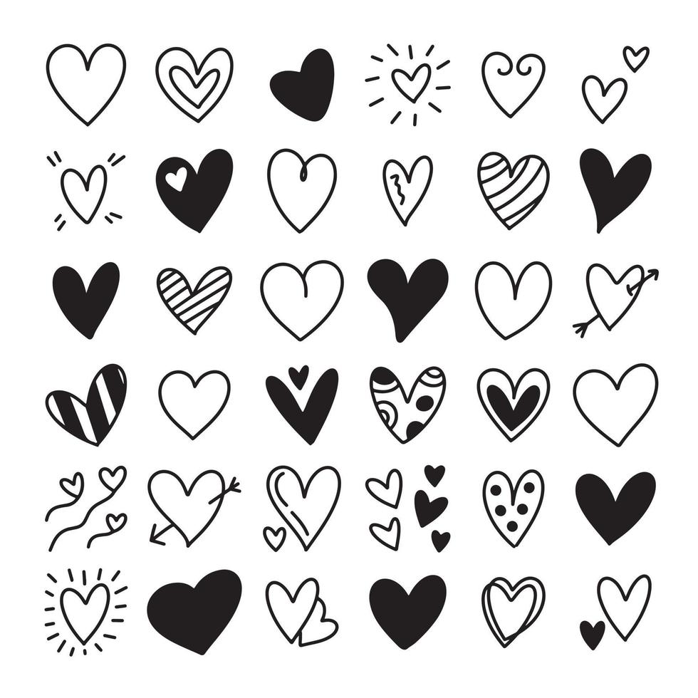 Doodle hearts sketch set. Various different hand drawn heart icon love collection isolated on white background. black heart symbol for Valentines Day, wedding, anniversary. vector