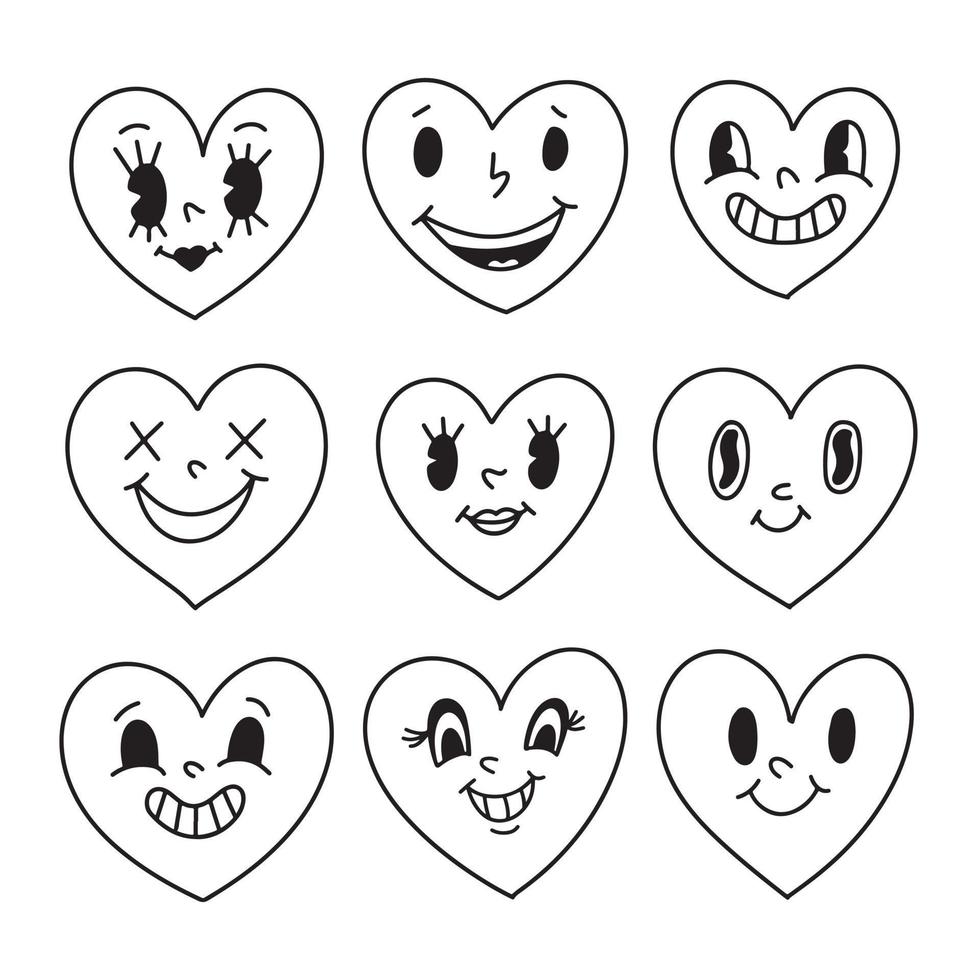 Set of Valentine hearts mascot characters. Different retro vintage face  expressions. old cartoon comics groovy heart. Contour drawing doodle.  Vector illustration on white background 16081659 Vector Art at Vecteezy
