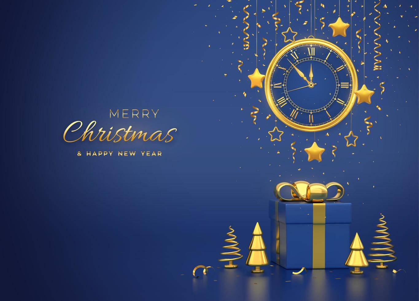 Merry christmas card. Watch with Roman numeral and countdown midnight, eve for New Year. Gold snowflake and stars on blue background. Gift box and golden pine fir cone shape spruce trees. Vector. vector