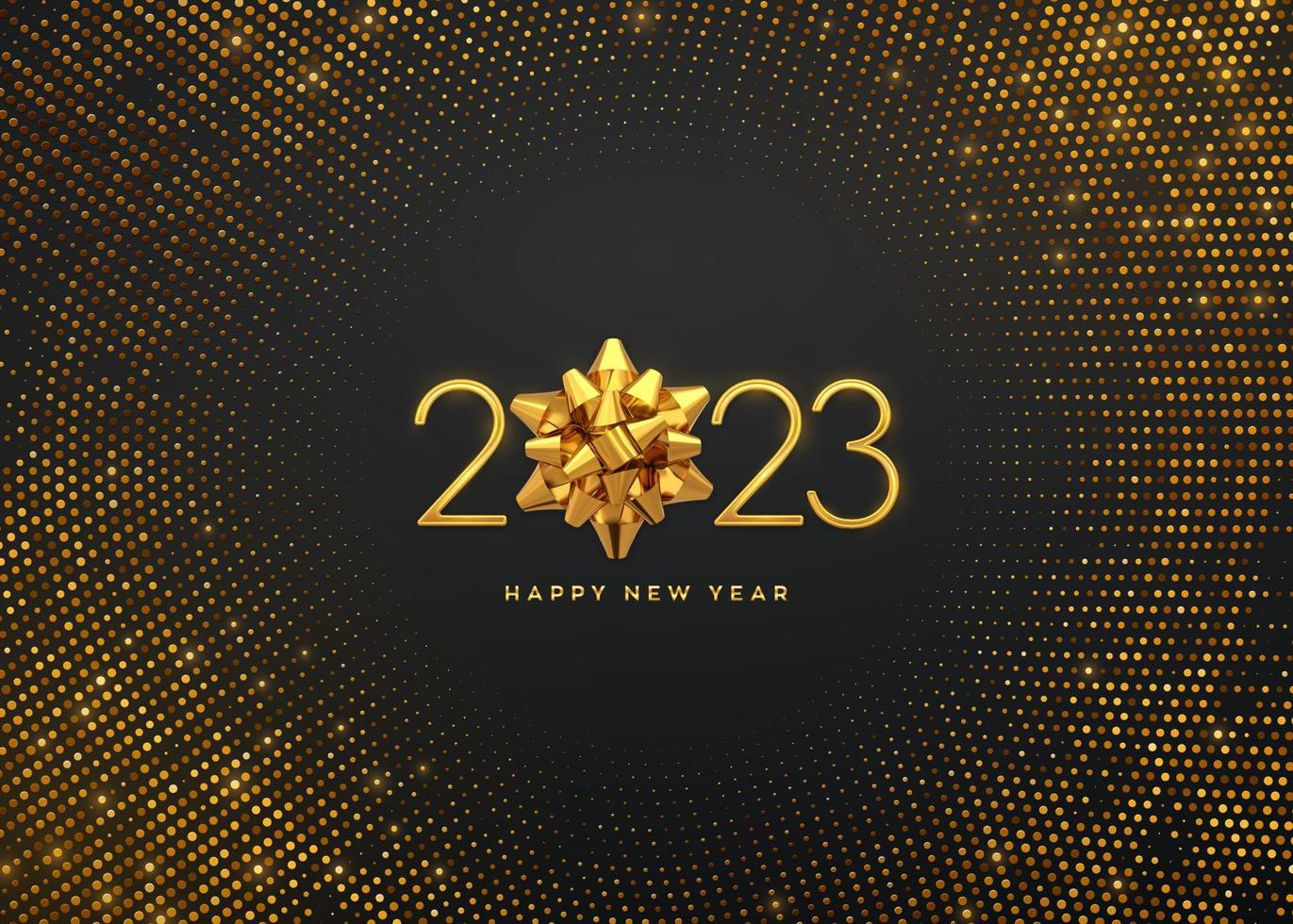 feliz año nuevo 2023. números de lujo metálicos dorados 2023 con lazo de regalo dorado sobre fondo brillante. tarjeta de felicitación. telón de fondo repleto de brillos. cartel festivo o pancarta. ilustración vectorial vector