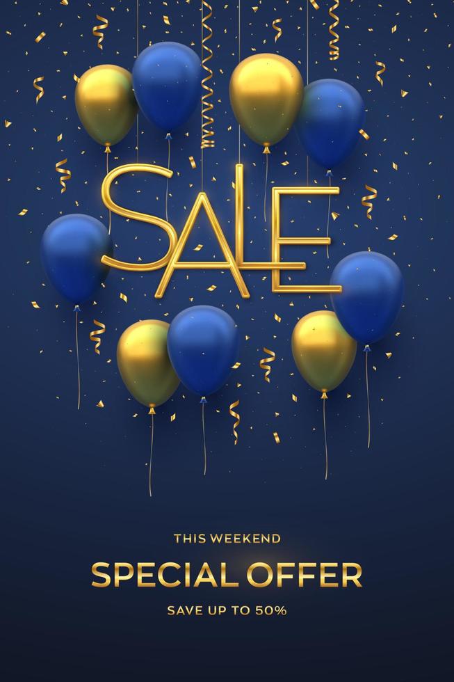 Sale design banner template. Hanging Golden metallic Sale letters with 3D festive helium balloons and falling confetti on blue background. Advertising poster or flyer. Realistic vector illustration.