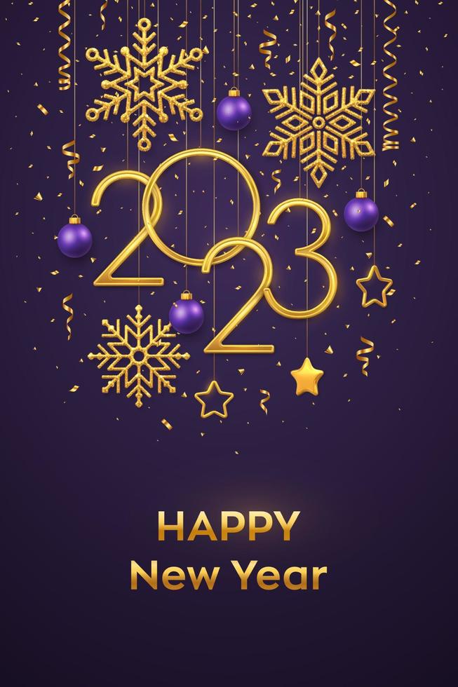 Happy New 2023 Year. Hanging Golden metallic numbers 2023 with shining snowflakes, 3D metallic stars, balls and confetti on purple background. New Year greeting card or banner template. Vector. vector