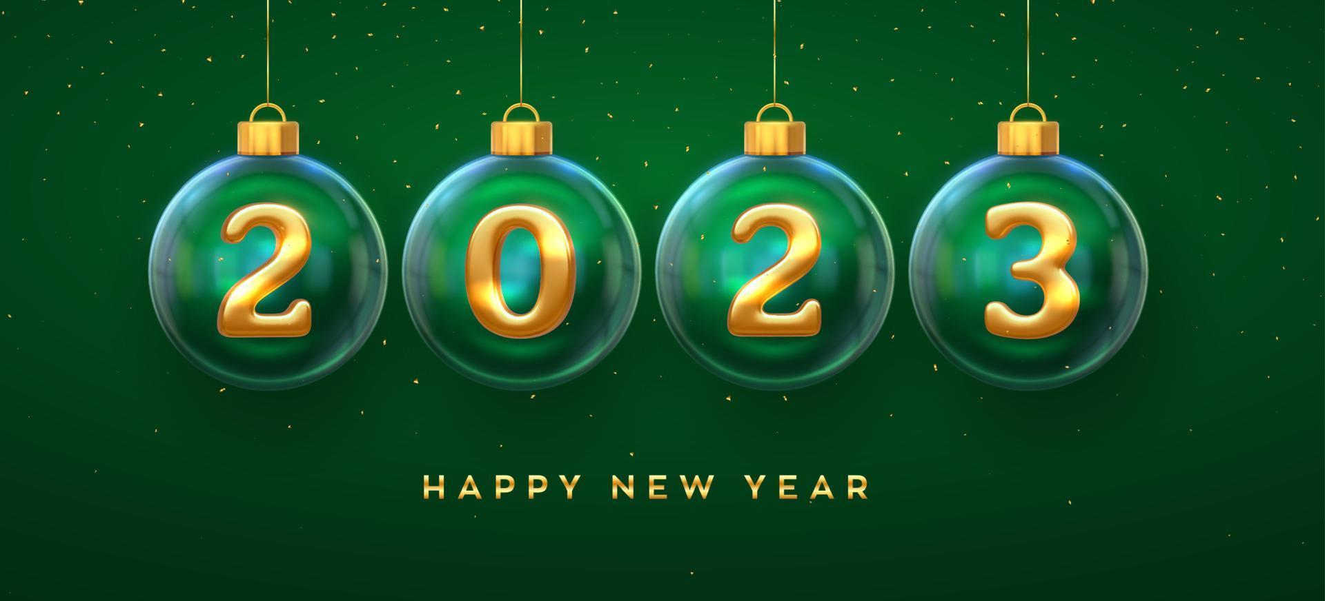 Happy New Year 2023. Golden metal 3D numbers 2023 in glass bauble. Hanging Christmas balls and glitter confetti. Greeting card. Holiday Xmas and New Year poster, banner, flyer. Vector Illustration.