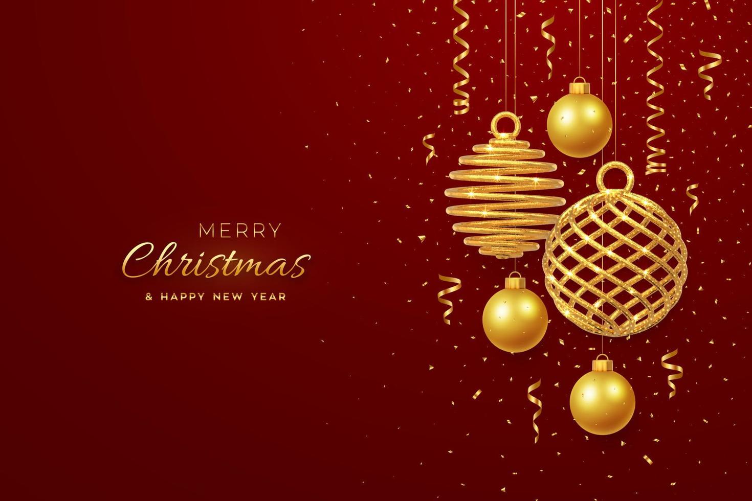 Christmas banner with shining hanging gold balls and with confetti on red background. Greeting card with copyspace. New Year poster, cover template. Holiday decoration. Vector illustration.