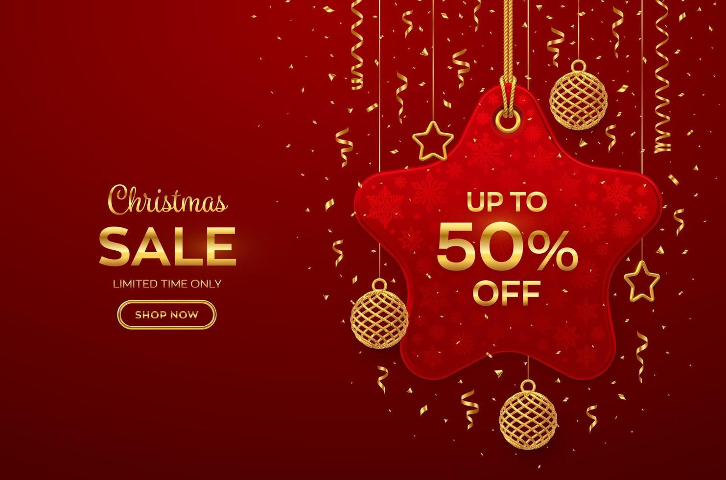 navidad, etiqueta de precio de venta de año nuevo. etiqueta roja realista colgando de una cuerda dorada. etiqueta de descuento con bolas doradas, estrellas, confeti. diseño de banner de navidad, etiqueta de precio de marketing publicitario. ilustración vectorial vector