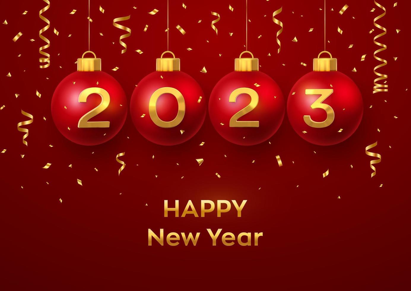 Happy New Year 2023. Hanging Red Christmas bauble balls with realistic golden 3d numbers 2023 and glitter confetti. Greeting card. Holiday Xmas and New Year poster, banner, flyer. Vector Illustration