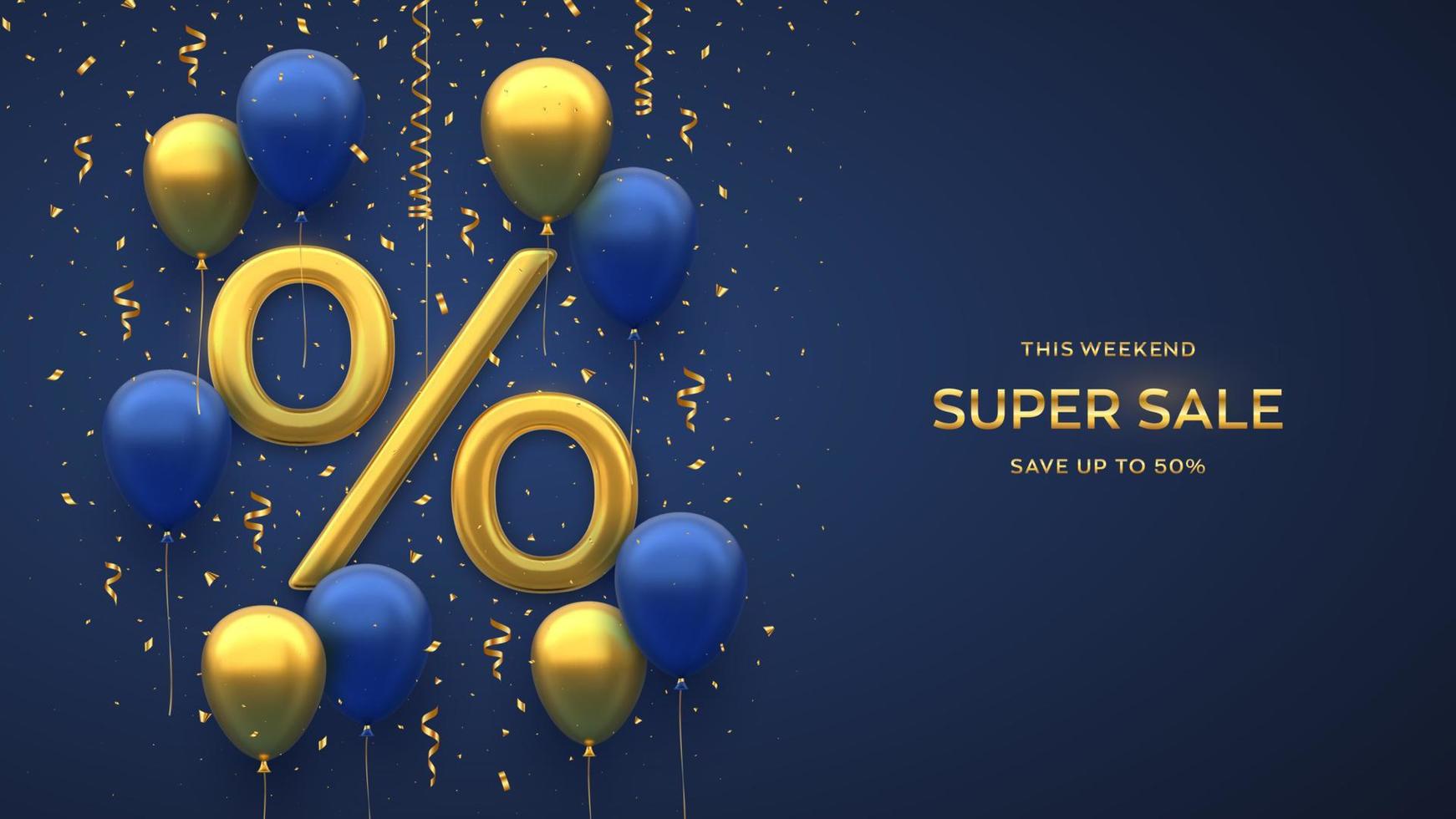 diseño de banner de venta. símbolo de porcentaje 3d de oro realista con globos de helio voladores azules y dorados y confeti que cae sobre fondo azul. cartel publicitario o volante. ilustración vectorial realista. vector