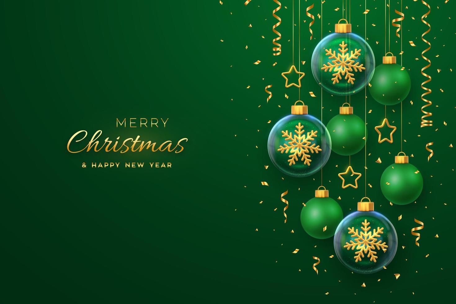 Merry christmas greeting card. Golden shining 3D snowflakes in a glass bauble. Christmas green background with hanging gold stars and balls. Holiday Xmas, New Year banner, flyer. Vector Illustration.