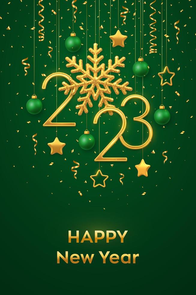 Happy New 2023 Year. Hanging Golden metallic numbers 2023 with shining snowflake and confetti on green background. New Year greeting card or banner template. Holiday decoration. Vector illustration.