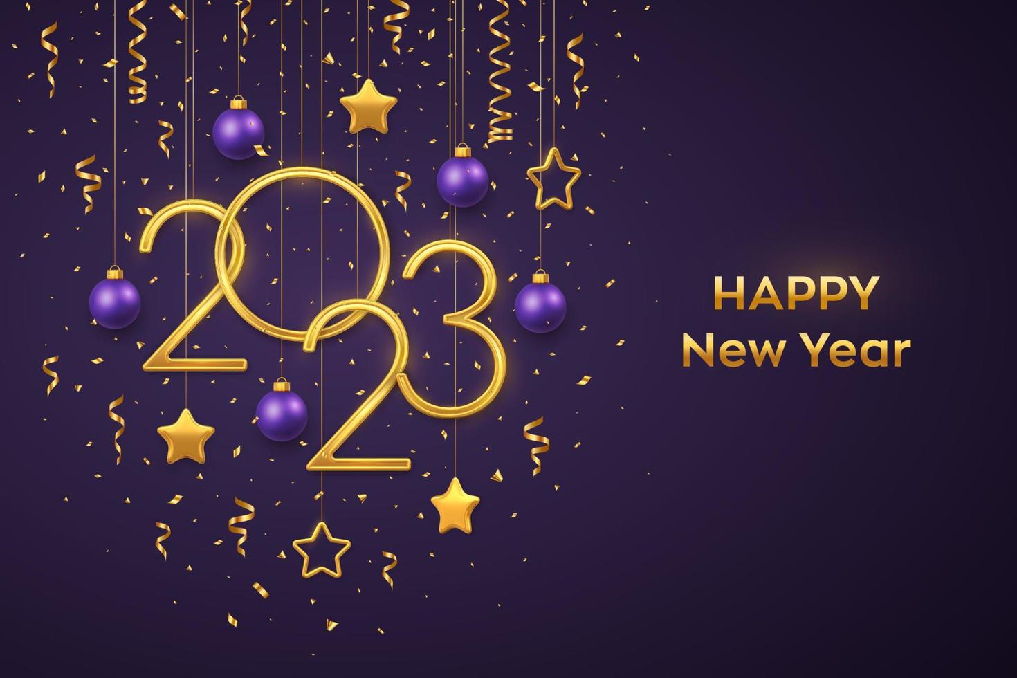 Happy New 2023 Year. Hanging Golden metallic numbers 2023 with shining 3D metallic stars, balls, confetti on purple background. New Year greeting card, banner template. Realistic Vector illustration.