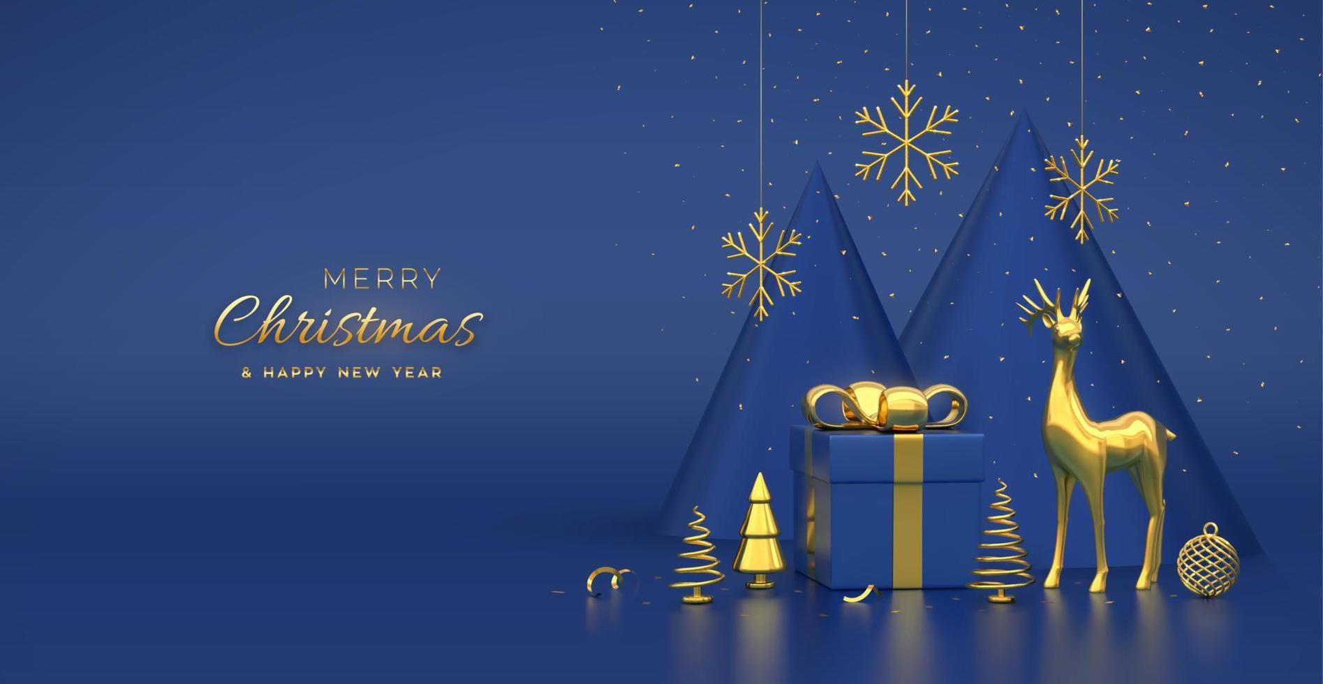 banner de navidad. composición de caja de regalo, ciervos dorados, brillantes copos y bolas, abetos dorados metálicos. árboles en forma de cono de año nuevo. Fondo de Navidad, tarjeta de felicitación. ilustración vectorial 3d. vector