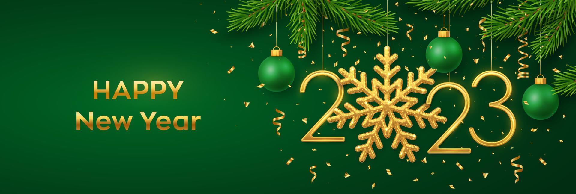 Happy New 2023 Year. Hanging Golden metallic numbers 2023 with snowflake, balls, pine branches and confetti on green background. New Year greeting card or banner template. Holiday decoration. Vector. vector