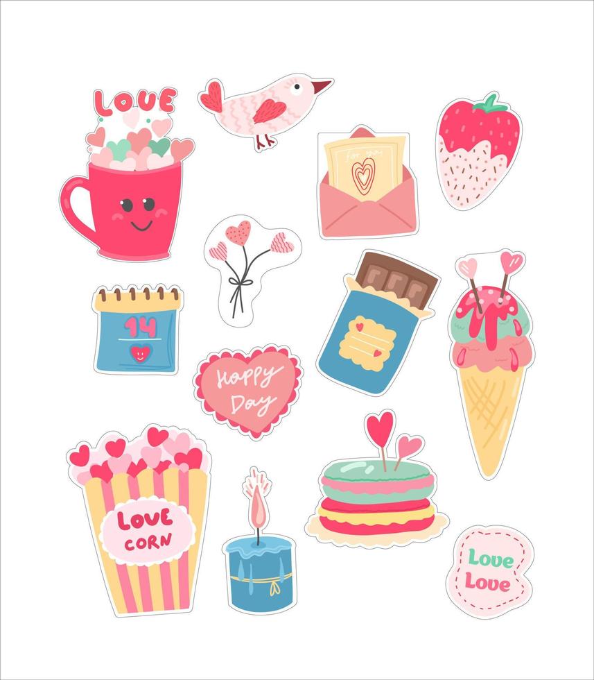 conjunto de pegatinas del día de san valentín. pegatinas de color rosa brillante para regalos, embalajes, postales, folletos. vector