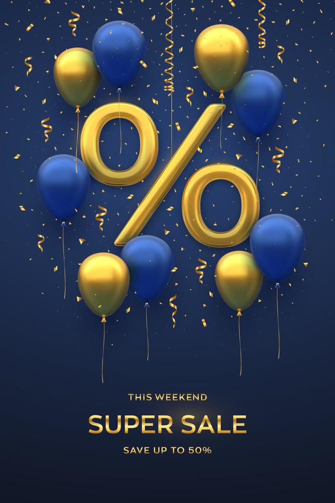 Sale banner design. Realistic gold 3D Percentage symbol with blue and gold fly helium balloons and falling confetti on blue background. Advertising poster or flyer. Realistic vector illustration.