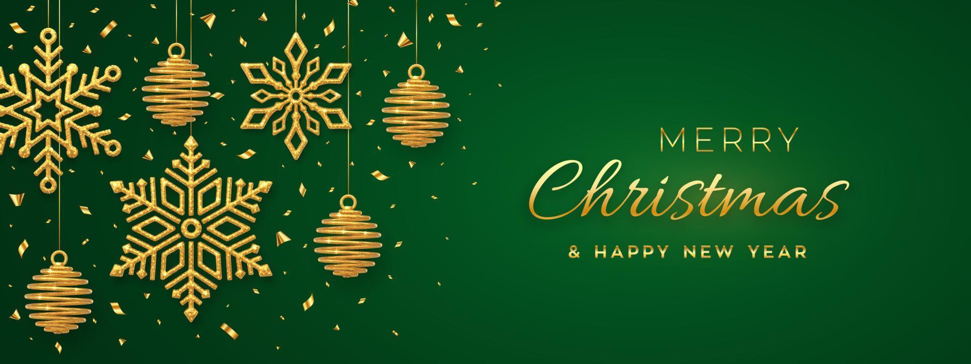 Christmas green background with hanging shining golden snowflakes and balls. Merry christmas greeting card. Holiday Xmas and New Year poster, web banner. Vector Illustration.