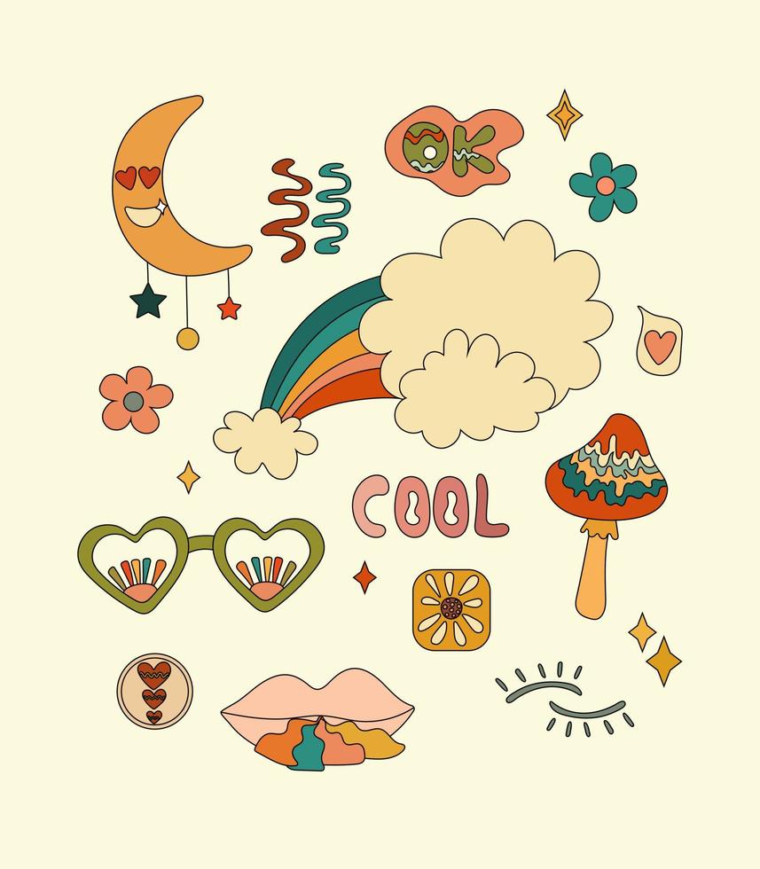Retro 70s hippie stickers, psychedelic clockwork elements. Funky cartoon mushrooms, flowers, rainbow, vintage hippie style vector elements set. Heart glasses