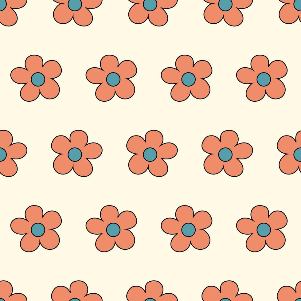 Retro 70s 60s  Hippie  Groovy Flower  vector seamless pattern. Boho retro colours whimsical fly agaric dark background fungus surface design.
