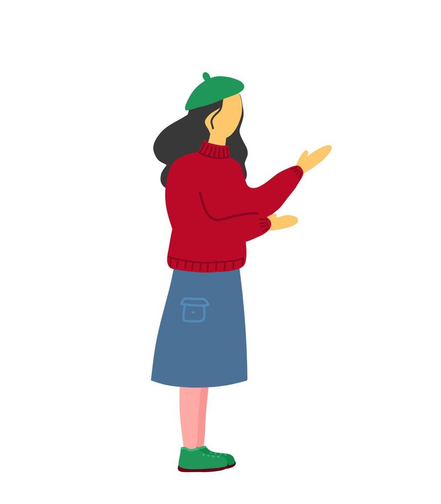 Girl with dark long hair. A stylized illustration of a girl pointing forward. Girl in a beret, sweater and skirt. vector