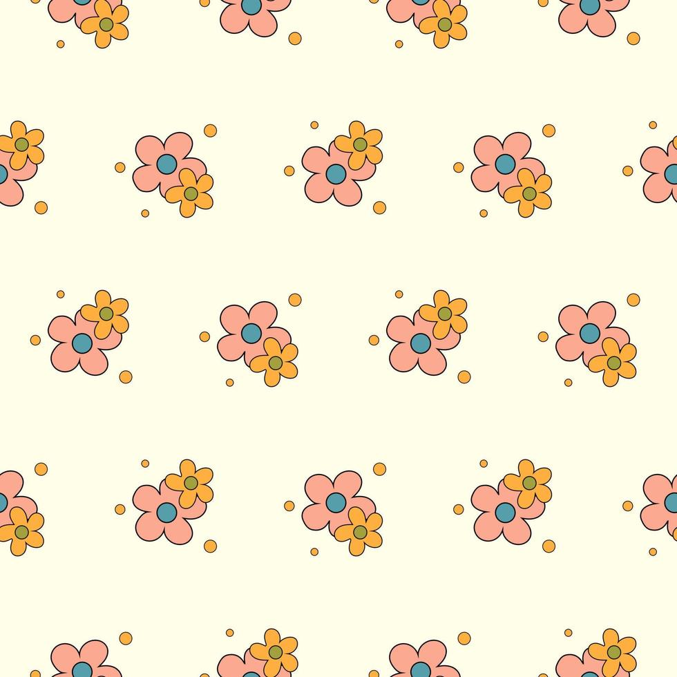 Retro 70s psychedelic seamless pattern, groovy hippie backgrounds. Cartoon funky print with flowers and mushrooms, hippy pattern vector set.