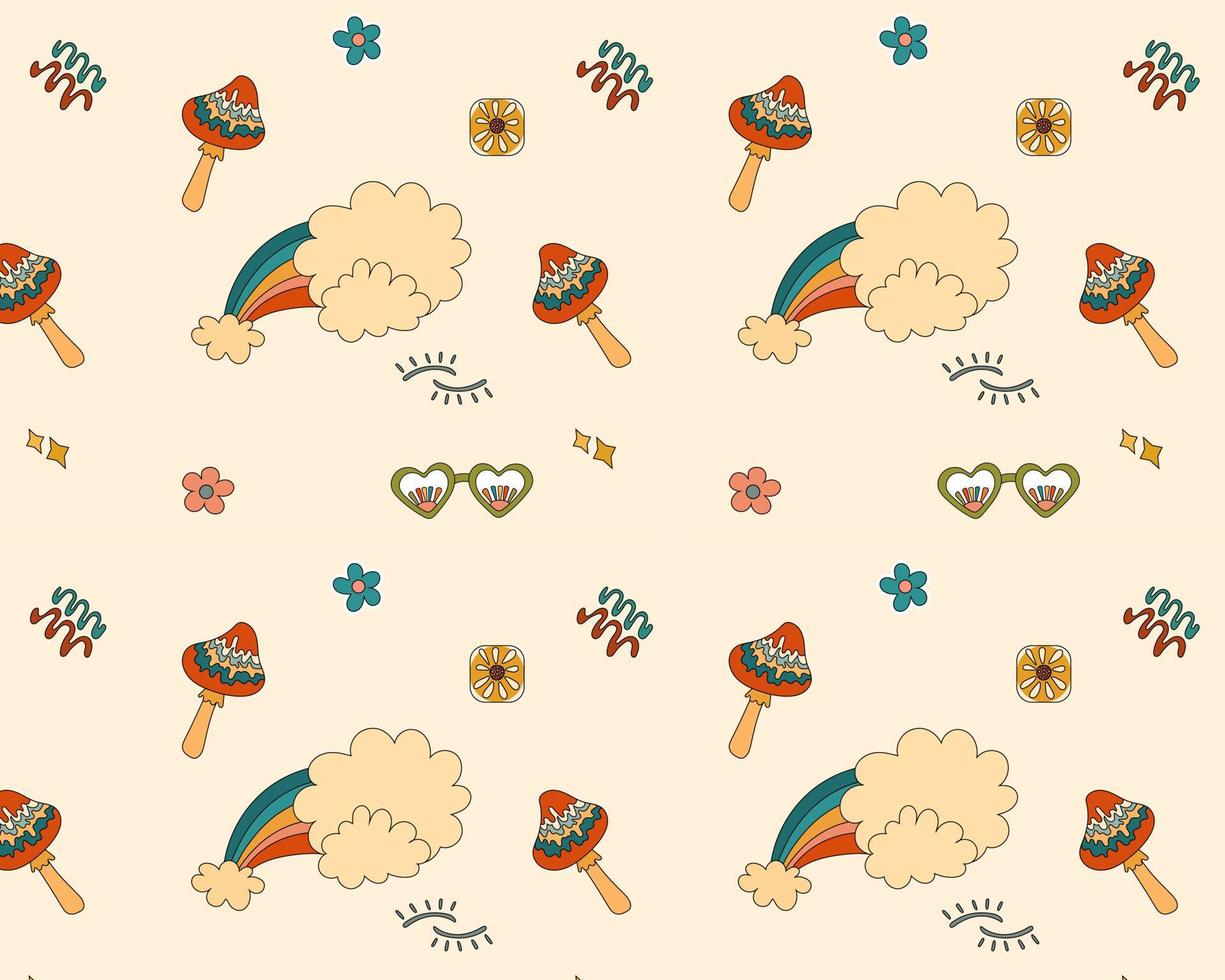 Retro 70s psychedelic seamless pattern, groovy hippie backgrounds. Cartoon funky print with flowers and mushrooms, hippy pattern vector set.