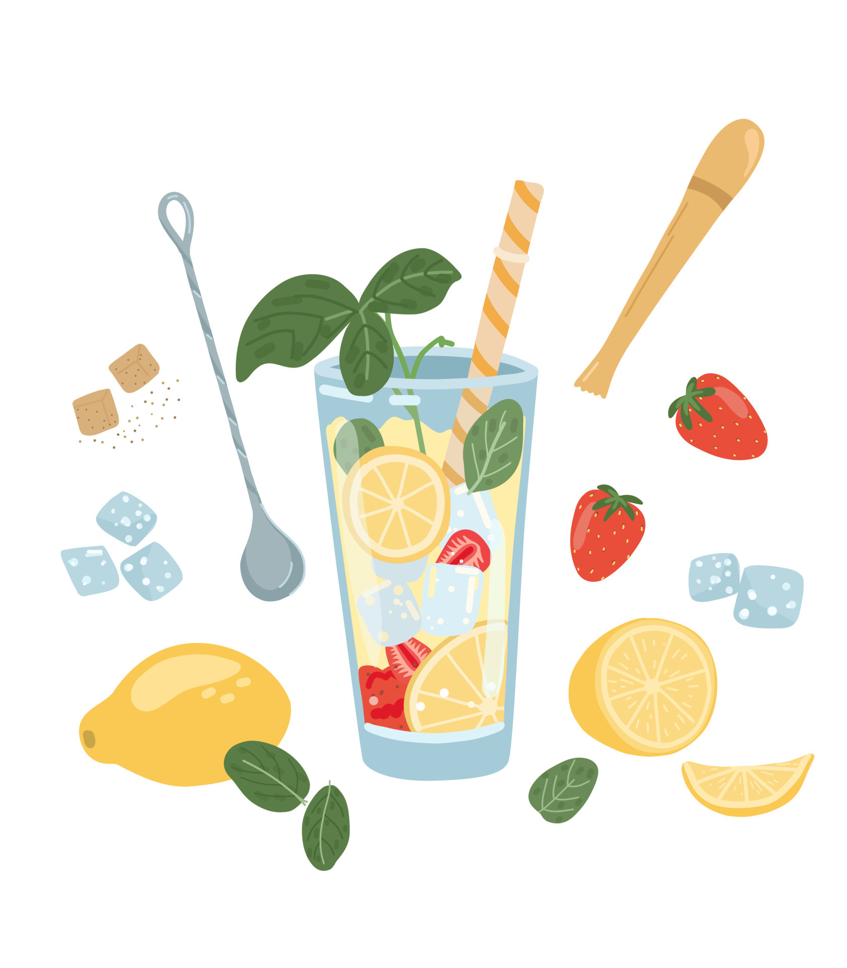 Recipe for lemonade with lemon strawberry and mint. Vector illustration