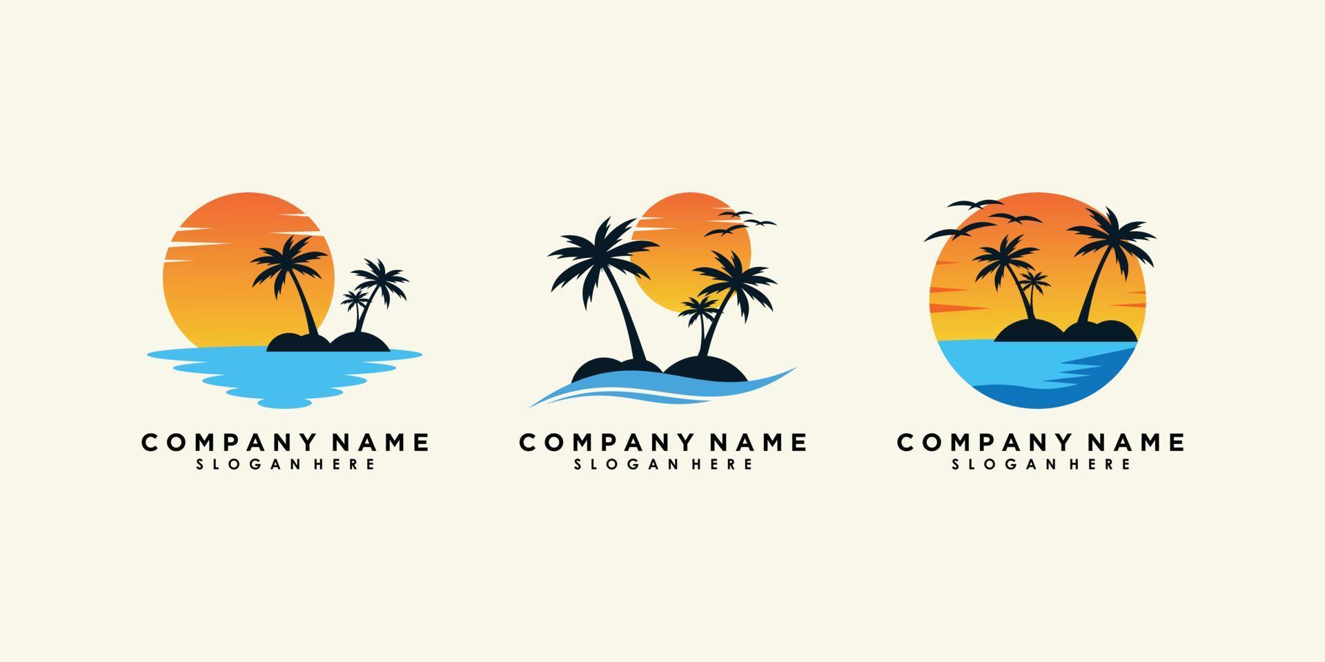 conjunto de diseño de logotipo de playa y puesta de sol con concepto moderno vector