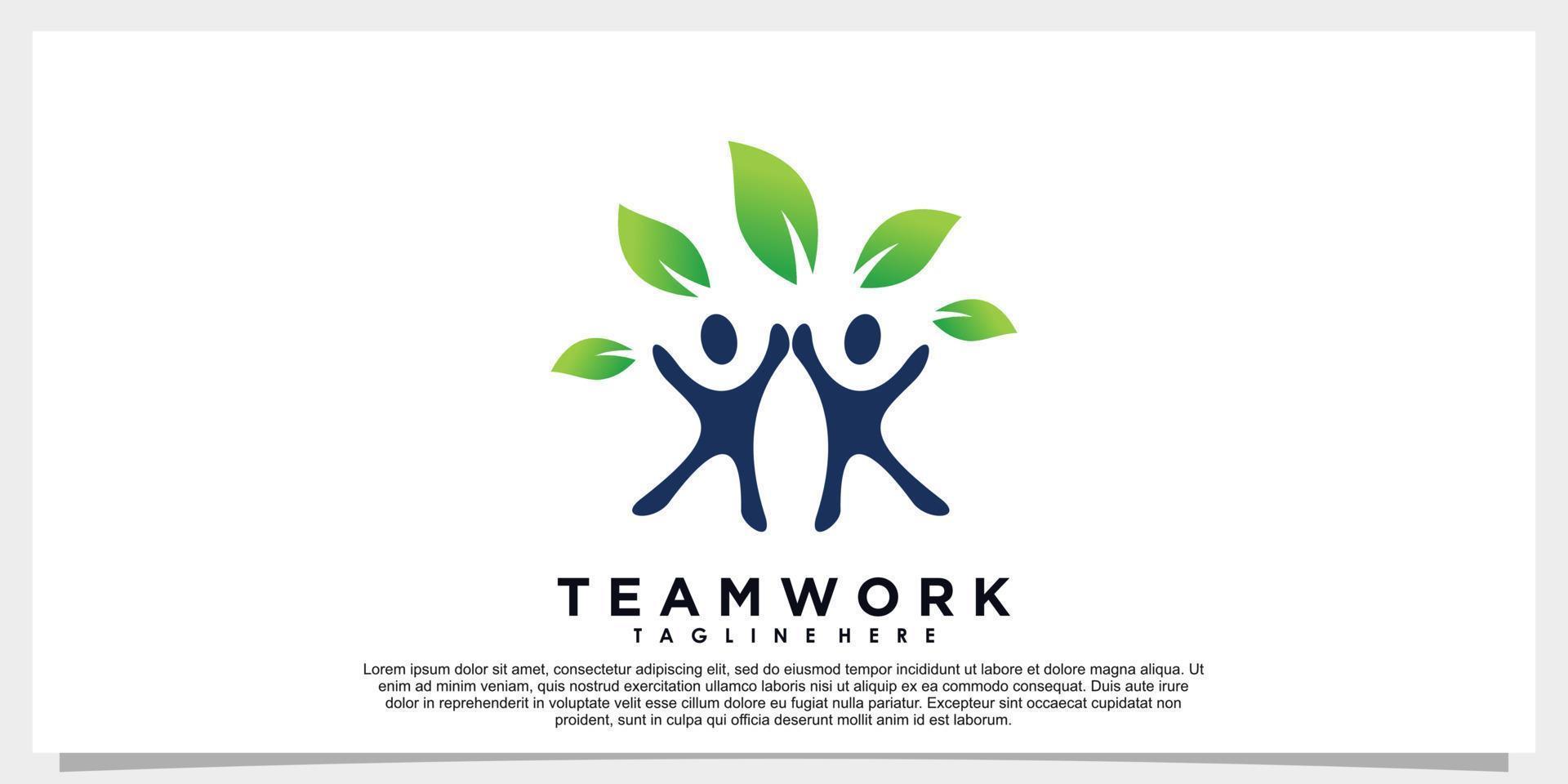 team work and leaf logo design with business card vector