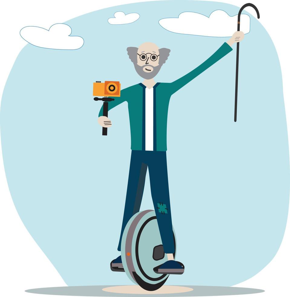old man rides an electric unicycle with an action camera in one hand and a cane in the other. Active Old Age. Active weekends. Lifelong learning. Older people learning to ride modern transportation vector