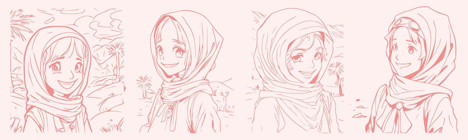 conjunto de mujer hijab elegante y de moda dibujada a mano. moderno abstracto caras moda hijab niña vector