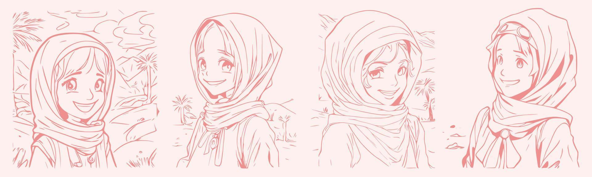 Set of stylish and trendy hijab woman hand-drawn. Modern abstract faces fashion hijab girl vector