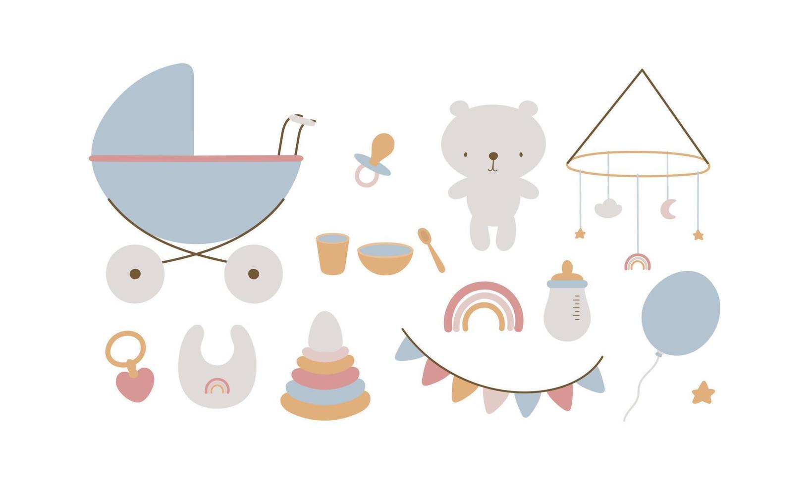 Children's set of things and toys. Vector illustration on a white background.