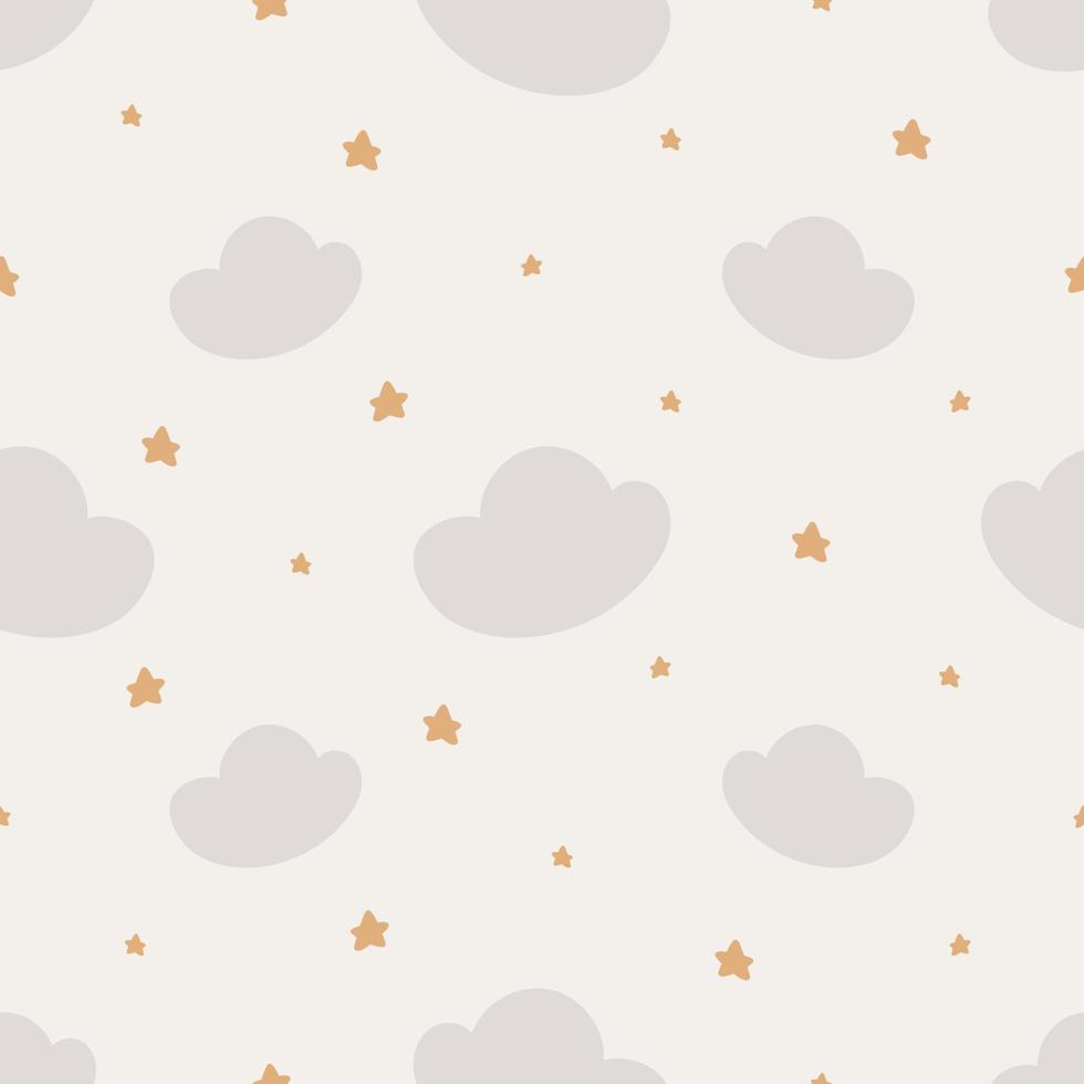Seamless pattern with clouds and stars. Vector illustration. For card, posters, banners, printing on the pack, printing on clothes, fabric, wallpaper.