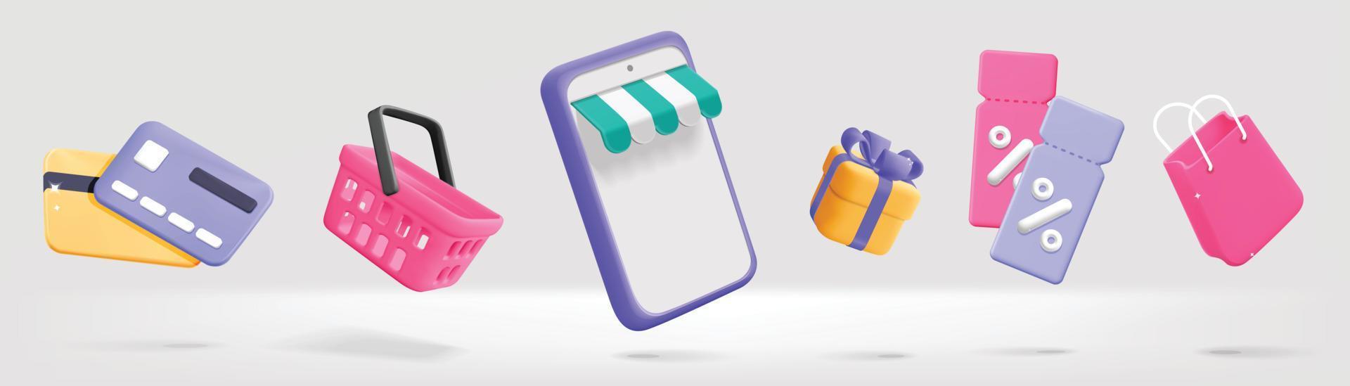 Conjunto de vectores 3d para artículos de compras en línea que flotan en el teléfono móvil, cupones, bolsos, presente, regalo, tarjeta de crédito y diseño de símbolo de cesta