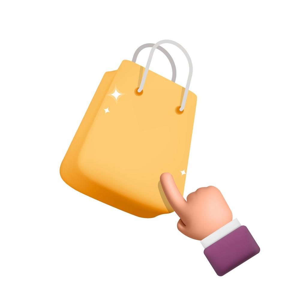 3d vector realista plástico render mano haciendo clic gesto empuje en regalo amarillo bolsa de compras diseño de elemento de maqueta