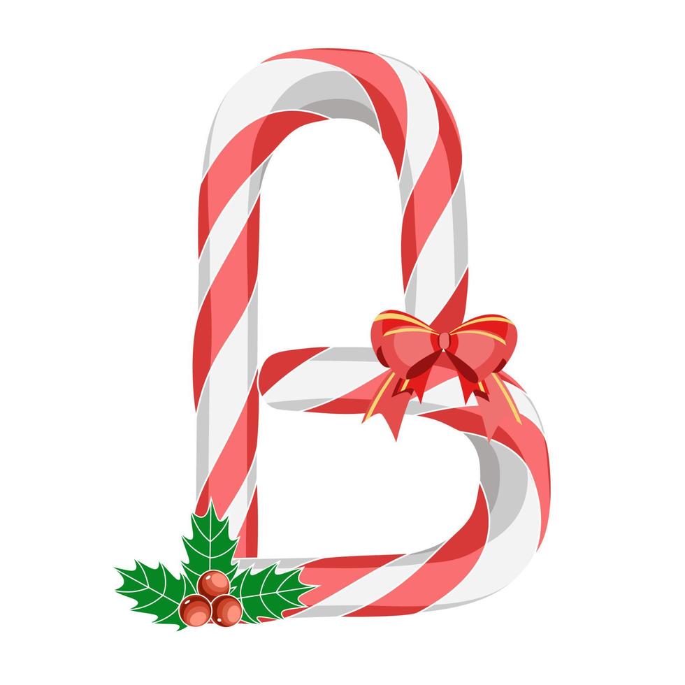letra b en bastones de caramelo de navidad con decoraciones vector
