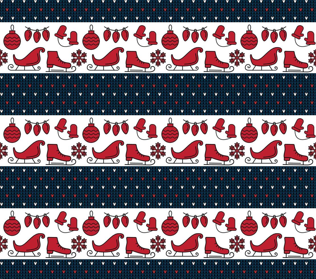 Knitted Christmas and New Year pattern. Wool Knitting Sweater Design. Wallpaper wrapping paper textile print. vector