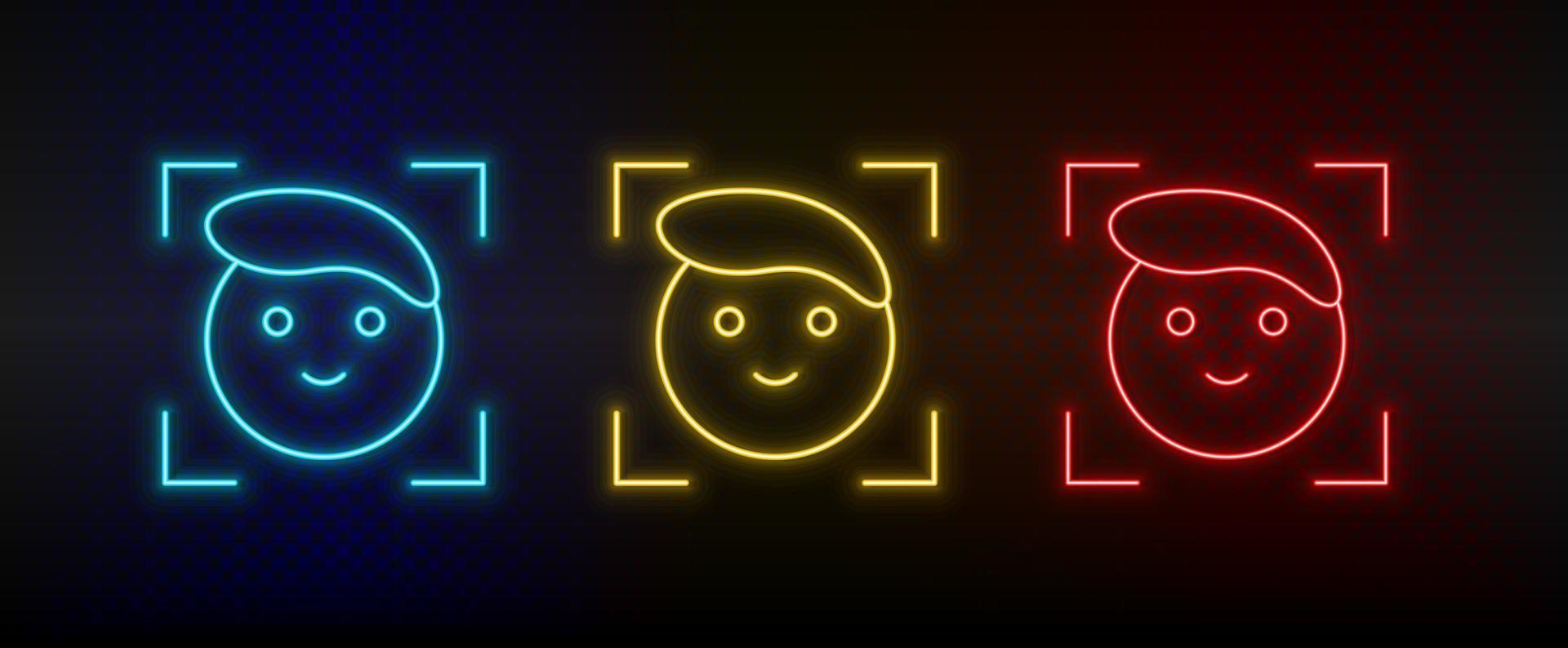 iconos de neón. tecnología de reconocimiento facial. conjunto de icono de vector de neón rojo, azul, amarillo sobre fondo oscuro
