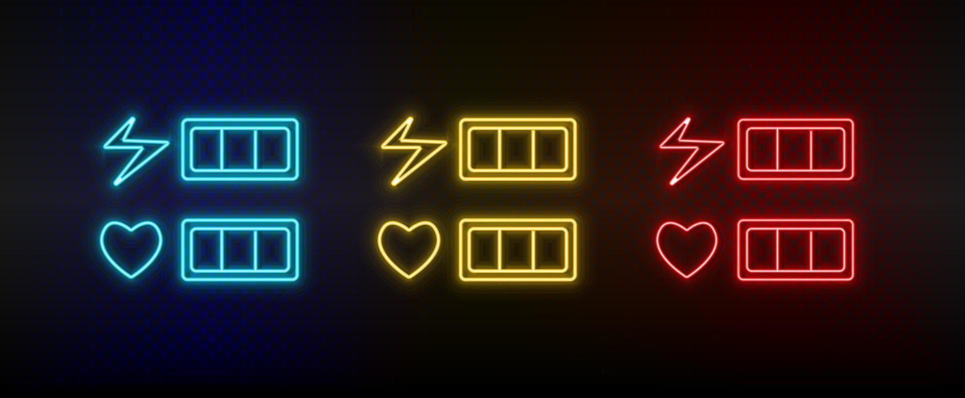 Neon icons. Life bar hearts retro style. Set of red, blue, yellow neon vector icon on darken background