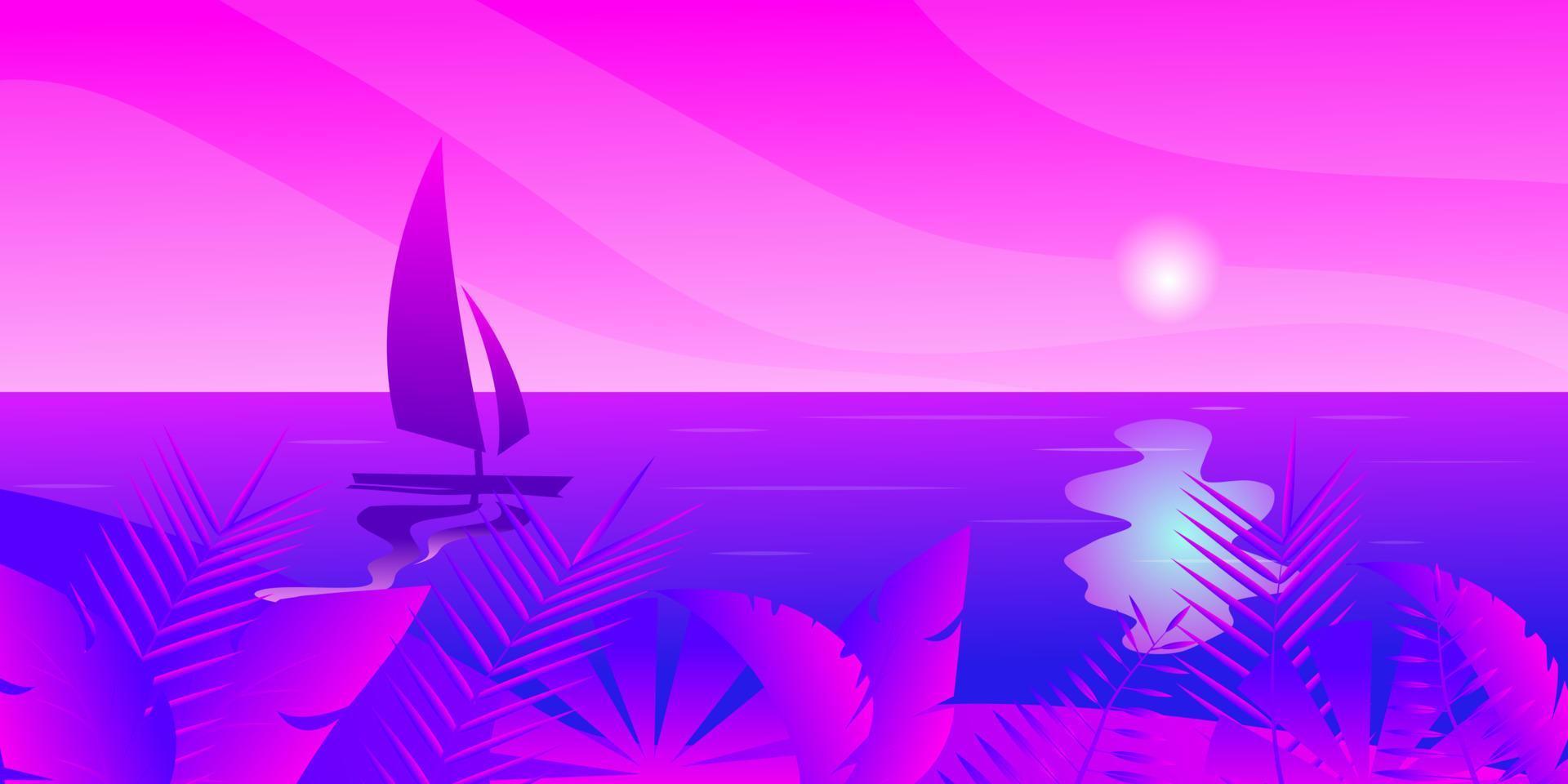 Sailboat in the sea, Sun Clouds Tropical island with beach and coconut palms, Tropical leaves, Vector illustration for advertising travel tourism cruises travel agency discounts and sales Paper style.
