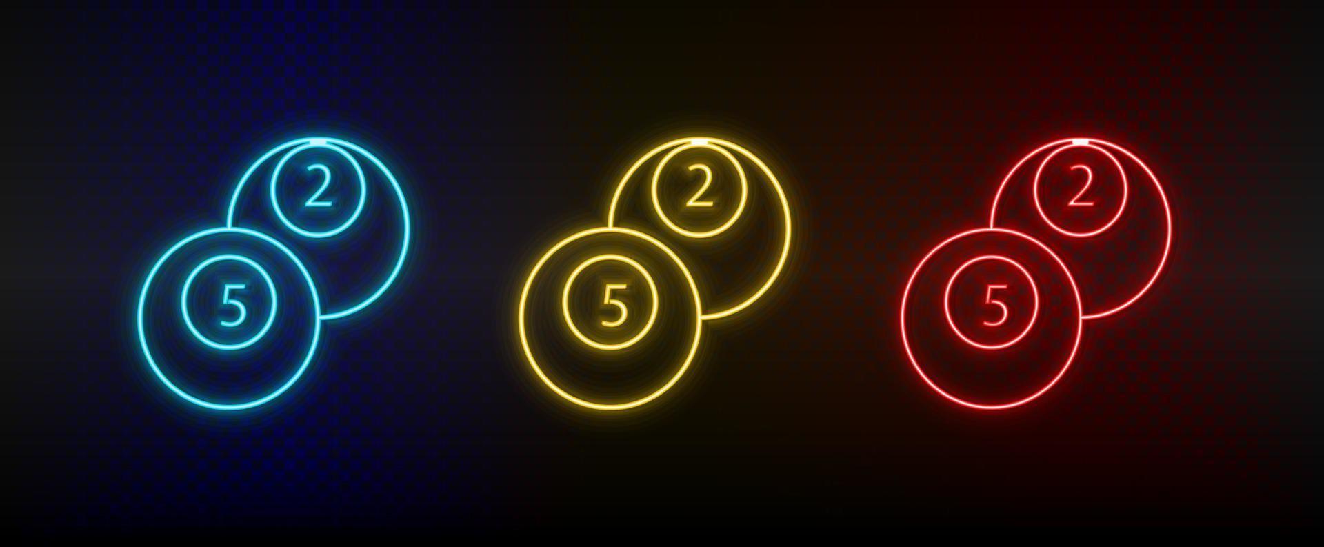 Neon icons. Billiards snooker billiard ball retro. Set of red, blue, yellow neon vector icon on darken background