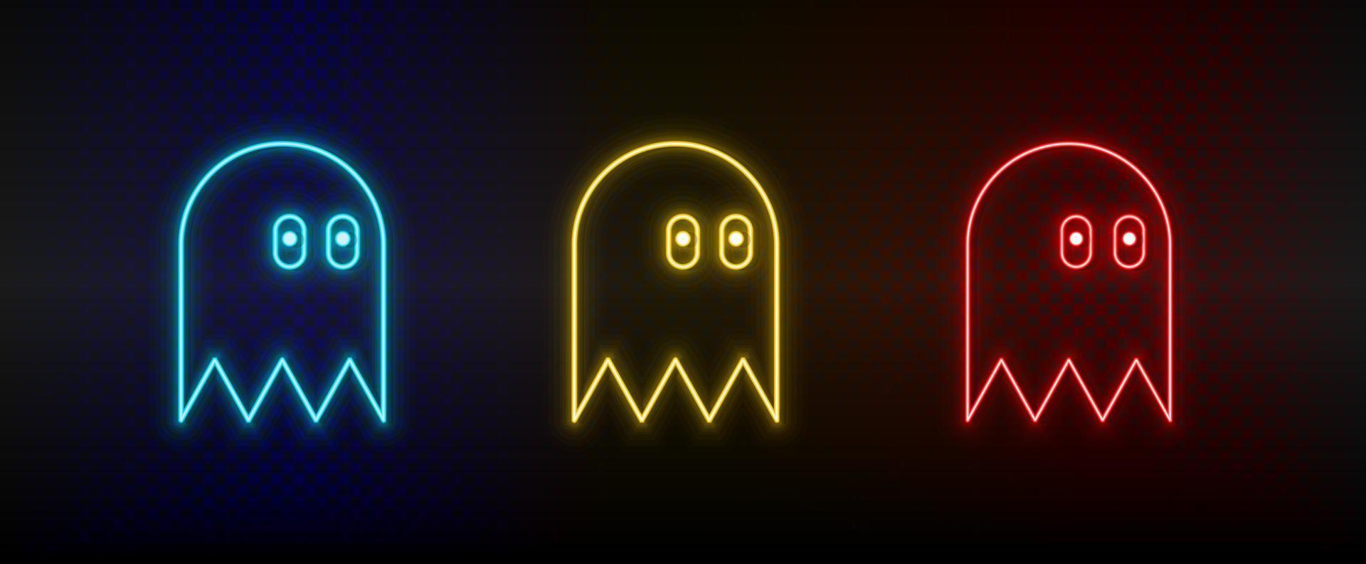 Neon icons. Game character retro arcade. Set of red, blue, yellow neon vector icon on darken background