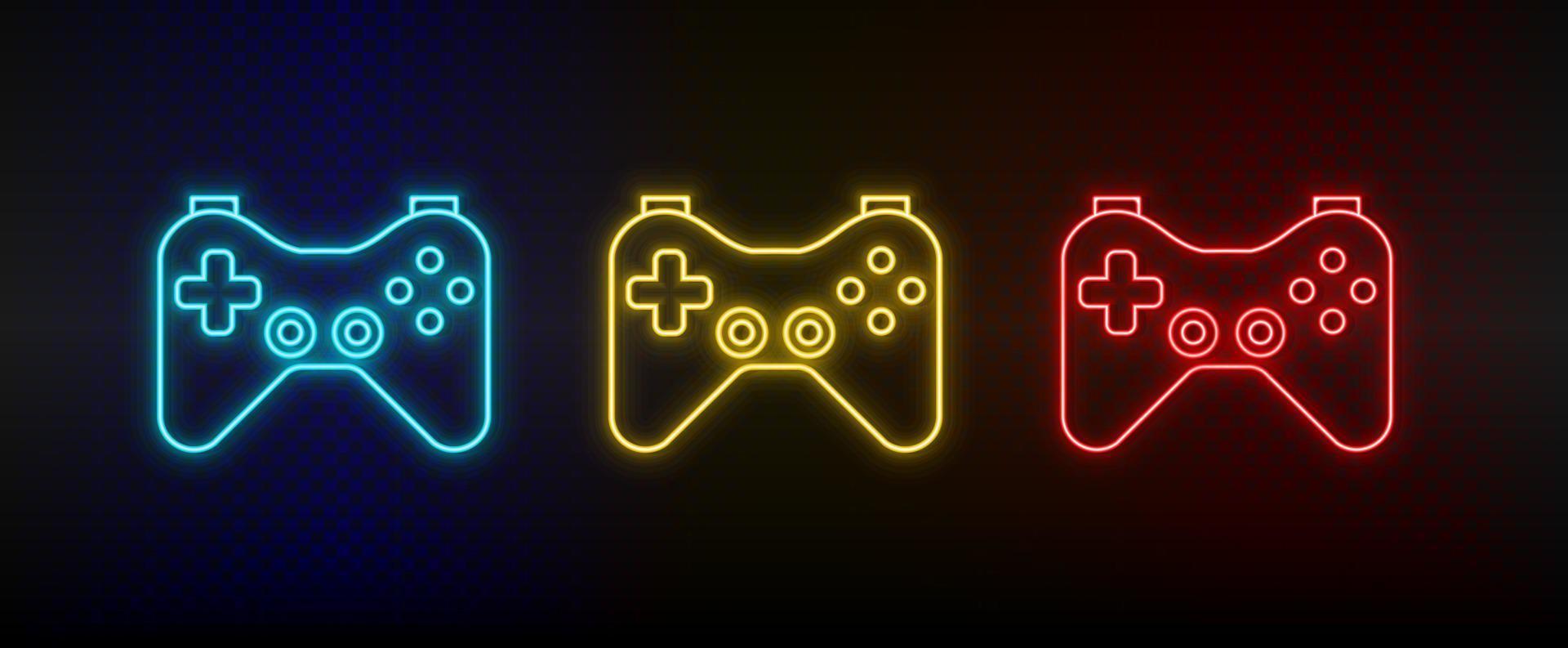 Neon icons. Joystick game controller gaming. Set of red, blue, yellow neon vector icon on darken background