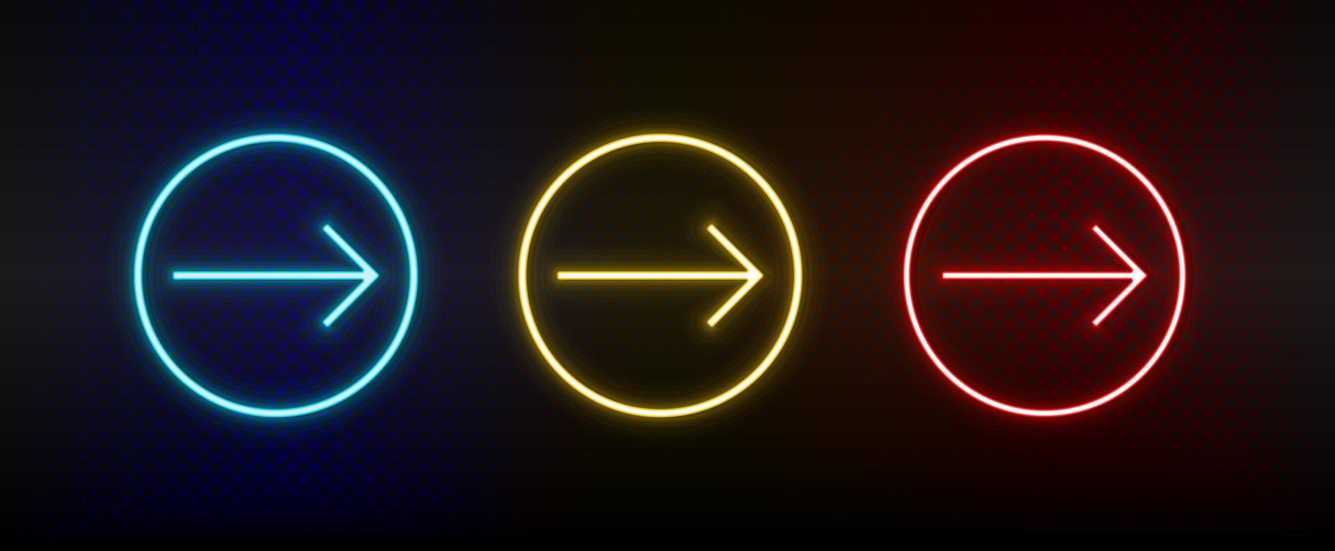 Neon icons. Ui arrow. Set of red, blue, yellow neon vector icon on darken background