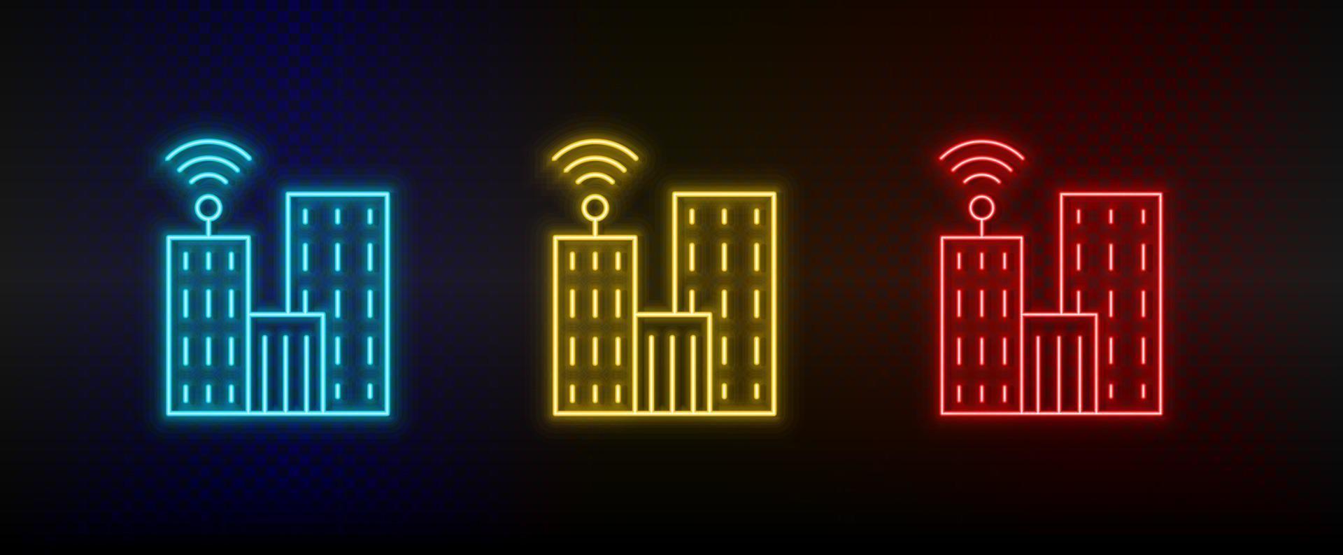 iconos de neón. edificio de televisión de comunicación. conjunto de icono de vector de neón rojo, azul, amarillo sobre fondo oscuro