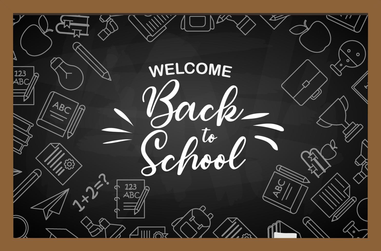 Back to School banner with texture from line art icons of education, science objects and office supplies on the daark background vector