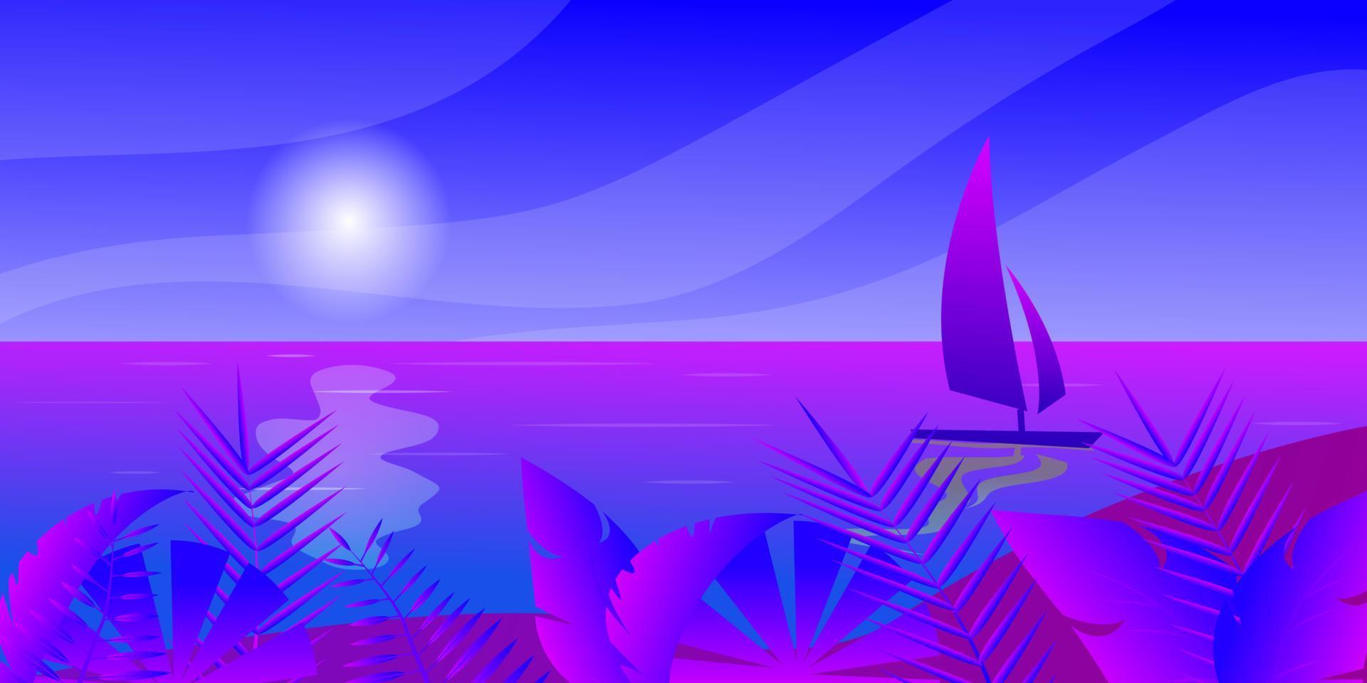 velero en el mar, nubes de sol isla tropical con playa y cocoteros, hojas tropicales, ilustración vectorial para publicidad de viajes turismo cruceros descuentos de agencias de viajes y estilo de papel de ventas. vector