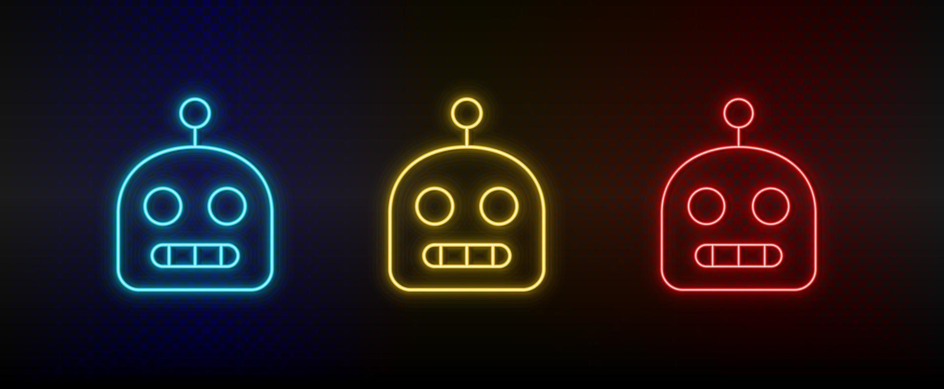 Neon icons. robot. Set of red, blue, yellow neon vector icon on darken background