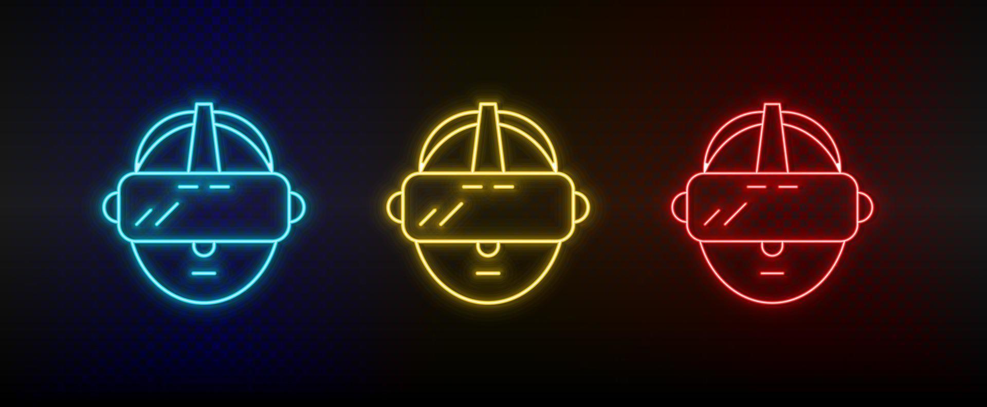 Neon icons. vr hat man. Set of red, blue, yellow neon vector icon on darken background