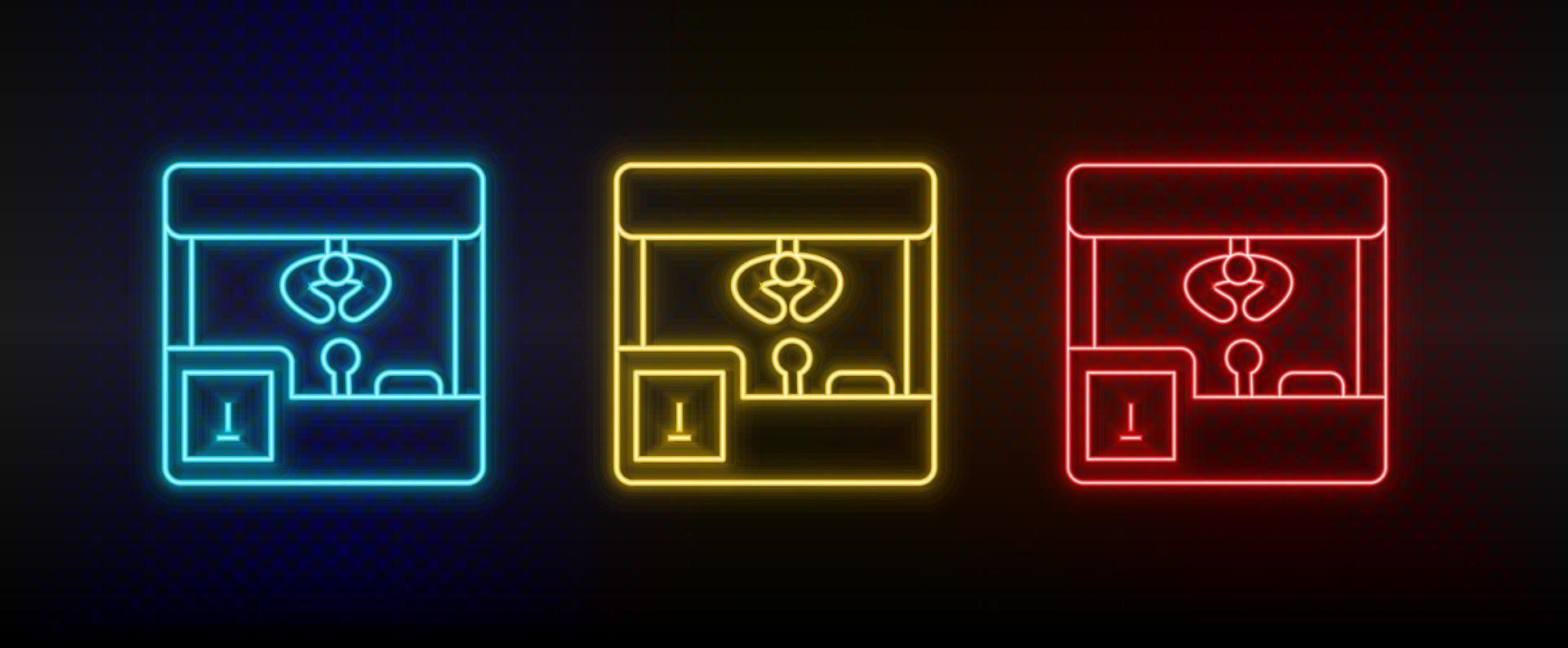 Neon icons. Claw machine game retro. Set of red, blue, yellow neon vector icon on darken background