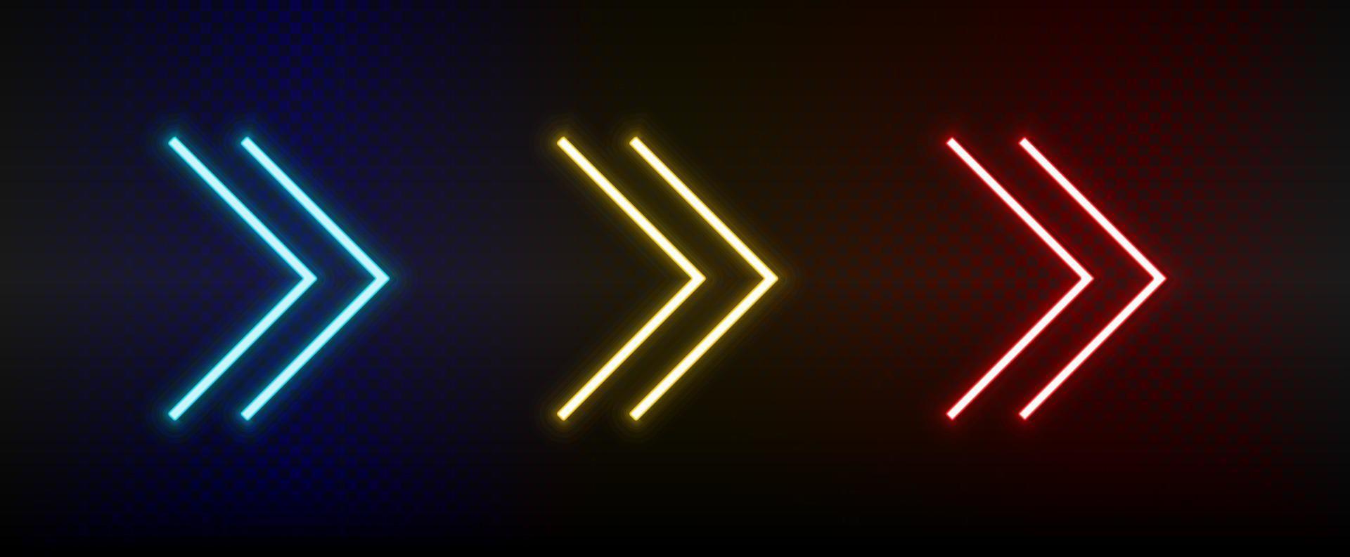Neon icons. Ui arrow. Set of red, blue, yellow neon vector icon on darken background